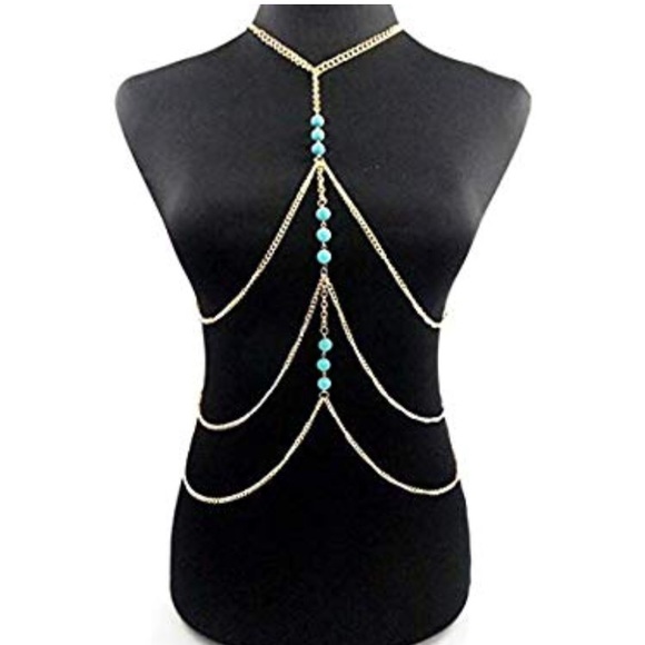 Boho Turquoise Body Chain Gold Crossover - Picture 1 of 6